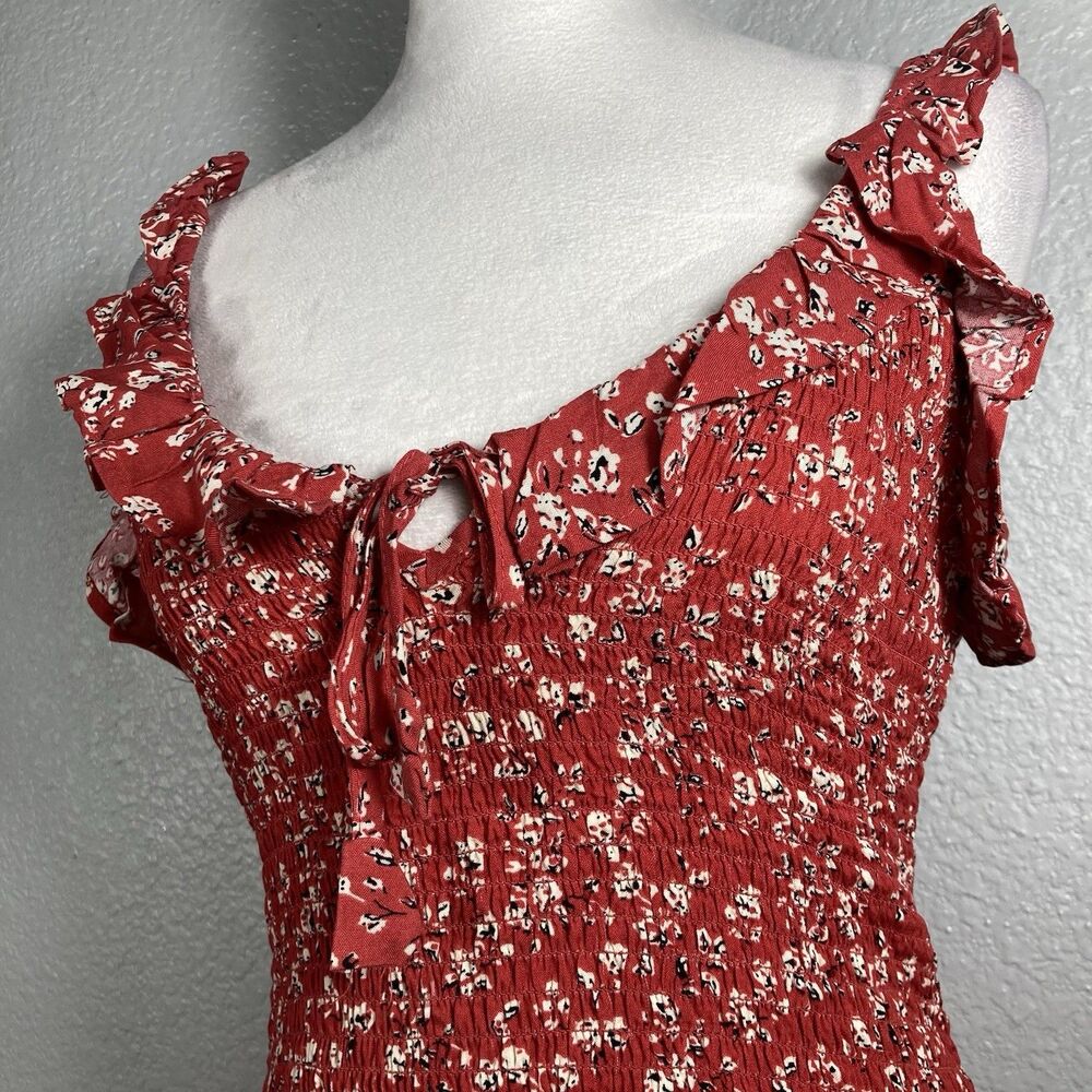 Y2K Smocked Mini Sun Dress XS Ruffle Strap Bodycon Red Cottage Boho Country - Picture 4 of 12